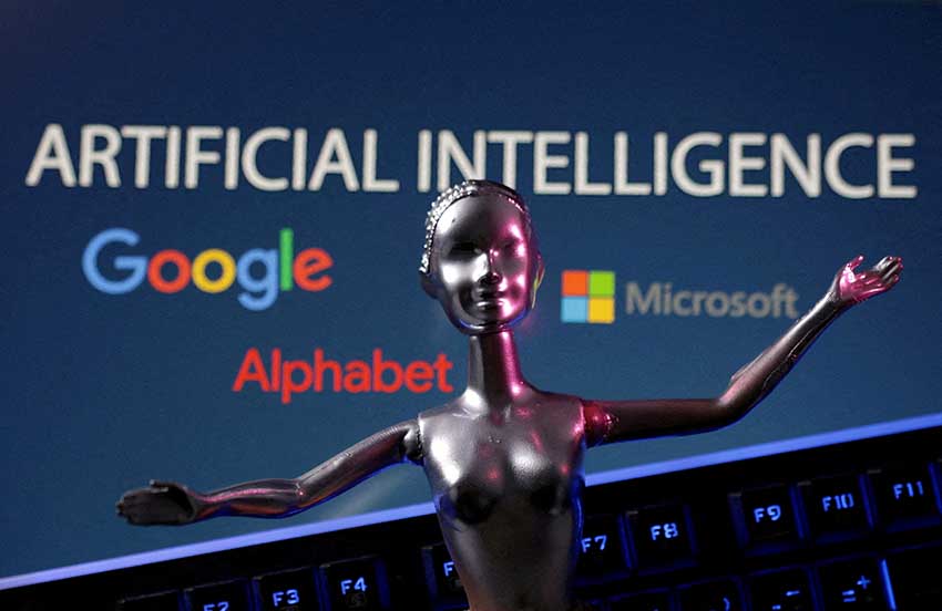 Ilustrasi Artificial Intelligence (AI) dengan logo Google dan Microsoft. REUTERS/Dado Ruvic/Illustration